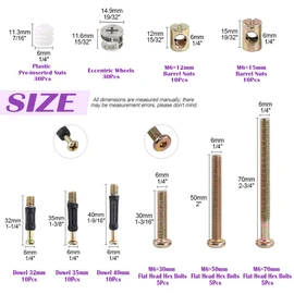 125Pcs 3 in 1 Furniture Crib Hardware Screws Connecting Fittings Kit, Cam Fitting with Dowel 3-in-1 Hardware Connectors Furniture Side Connecting Pre-Inserted Nut Screw Eccentric Wheel