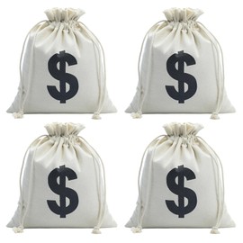 GUTERTOP Pack of 4 Money Bag Gift, Money Bag with Dollar Sign, Coin Bag, Canvas Purse, Reusable Gift Bags, gray, White