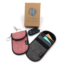 Hooz Faraday Pouch for Car Keys - Set of 2 RFID Blocking Key Holder Storage for Credit Cards, Keyless Fobs - Anti-Theft Protector Against Signal Skimming - Keyring & Hook For Hanging - Black & Red