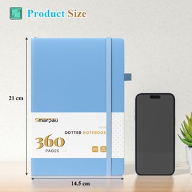 Smarpau A5 Bullet Dotted Journal 360 Pages, 100gsm Thick Paper Journal Notebook for Writing, Leather Notebook for Women Men Work School Office - 14.5 x 21cm, Light Blue