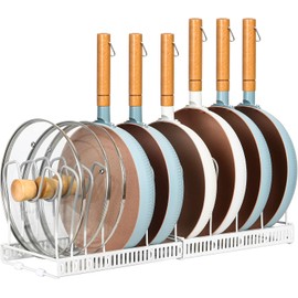 ROOHUA Organizador de ollas – Organizador de ollas y sartenes expandible para gabinete, soporte organizador de tapa de olla con 10 compartimentos ajustables para gabinete de cocina, utensilios de