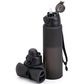TakeToday Collapsible 32oz Silicone Water Bottles, Foldable Travel Bottle with Straw, BPA Free, Leakproof for Hiking, International Travel, Outdoors (Black)