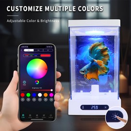 Small Fish Tank Mini Aquarium with RGB Colors Light for Betta Fish Shrimp Starter Kit with Heater, Adjustable Temperature/Brightness, Desktop Fish Tank for Room Decor, A Idea Gifts for Christmas