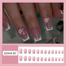 24Pcs White French Press on Nails Short Square Fake Nails with Pink White Flowers Design Gold Glitter False Nails Full Cover Glue on Nails Nude Stick on Nails for Women Manicure Decorations