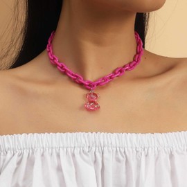 Xmsrn Vintage Pink Acrylic Bear Pendant Necklace 3D Bear Choker Necklace Punk Paper Clip Chain Necklace Pink Hip Hop Choker Necklace for Women, Zinc, No Gemstone