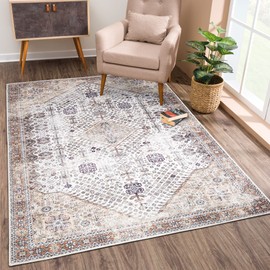 Bloom Rugs Washable Non-Slip 3' x 5' Rug - Sand/Orange/Purple Traditional Medallion Area Rug for Living Room, Bedroom, Dining Room, and Kitchen - Exact Size: 3' x 5'