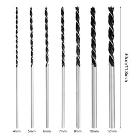 Set of 7 Wood Drill Bits Long Wood Drill Bit Set Formwork Drill Diameter 4, 5, 6, 7, 8, 10, 12 mm x 300 mm Long, Extended Universal, for Softwood, Hardwood and Other Wood Types