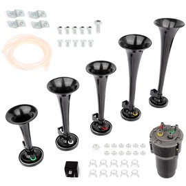 Motormagic Black 150dB Air Horn Train Horn 12V 150db 5 Trumpet with Compressor, Hose, Relay, Package of Fittings Loud Air Horn Compressor Kit Replacement for Truck Boat Train Vans (Black)
