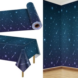 QUERICKY Space Tablecloth Roll 100 Ft Starry Night Table Cover Plastic Galaxy Backdrop Space Theme Party Decorations, Kids Birthday Outer Space Stars Theme Party Decor