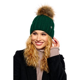 ELIMELI Cashmere Hat, Women's Winter Warm Knitted Hat, Wool Hat with Cashmere Winter Hat with Faux Fur Bobble Slouch Knitted Beanie Women's for Winter Bobble Hat Made in EU, Green