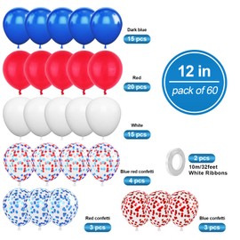 Red White Blue Balloons, 60PCS Red Blue Confetti Balloons, 12 Inch Red White and Blue Latex Balloons for Helium Birthday Party Balloons for Jubilee Decorations Anniversaries Celebrations Decoration