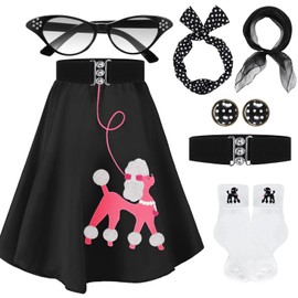 Breathffy Women Sock Hop Costume 1950s Poodle Skirt Costume Outfit Skirt Scarf Belt Sock Eyeglass(Small,Black)