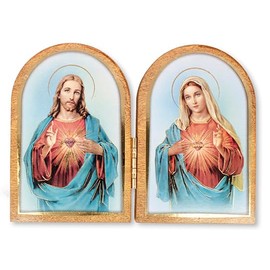 celebrationgiftsforall Sacred Heart of Jesus and The Immaculate Heart of Mary Folding Wooden Plaque with Gold Highlights Keepsake Religious Ornament with Prayer Wallet Card