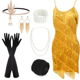 PLULON Women's 1920s Gatsby Sequin Fringed Vintage Flapper Dress Cocktail Party Dress with 20s Accessories Costume Set for Evening Prom (Gold)
