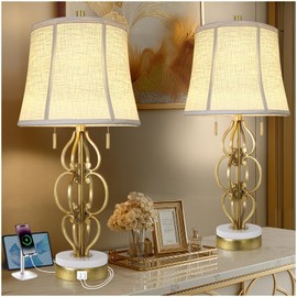 Scenekoy 27.75” Iron Art Table Lamp Set of 2 for Bedroom Living Room, Gold Leaf Night Stand Bedside Lamps with USB Ports, Pull Chains Modern Nightstand Lamp Line Shade for Home Decor (Bulbs Included)