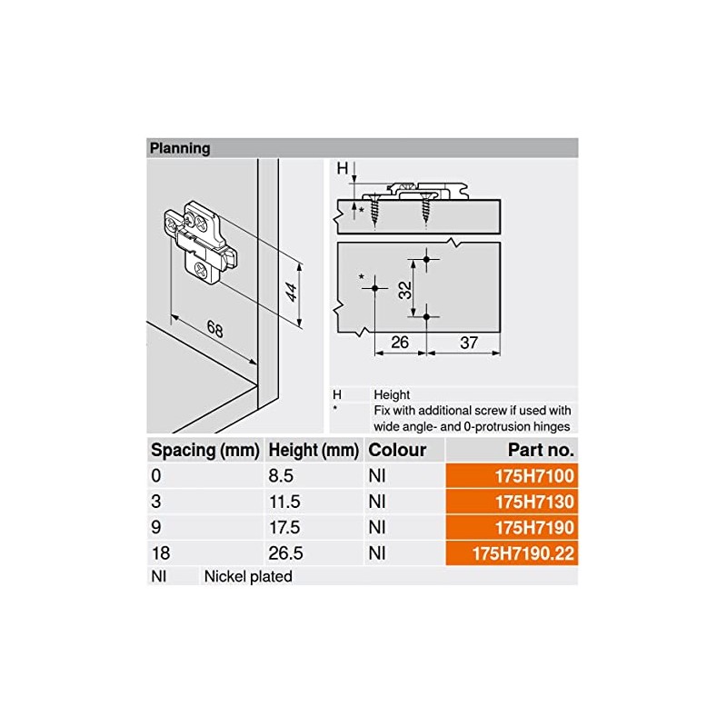 Blum B175H7 3mm Die Cast Screw On Frameless Clip Mounting