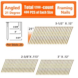 SITLDY Framing Nails 21 Degree 3 Sizes (3-1/2"+3.0"+ 2-3/8", 400 per Size) Full Round Head EG Smooth Shank, 1200 Count Assorted Size, for Pneumatic, Electric 20 to 22 Degree Framing Nailer