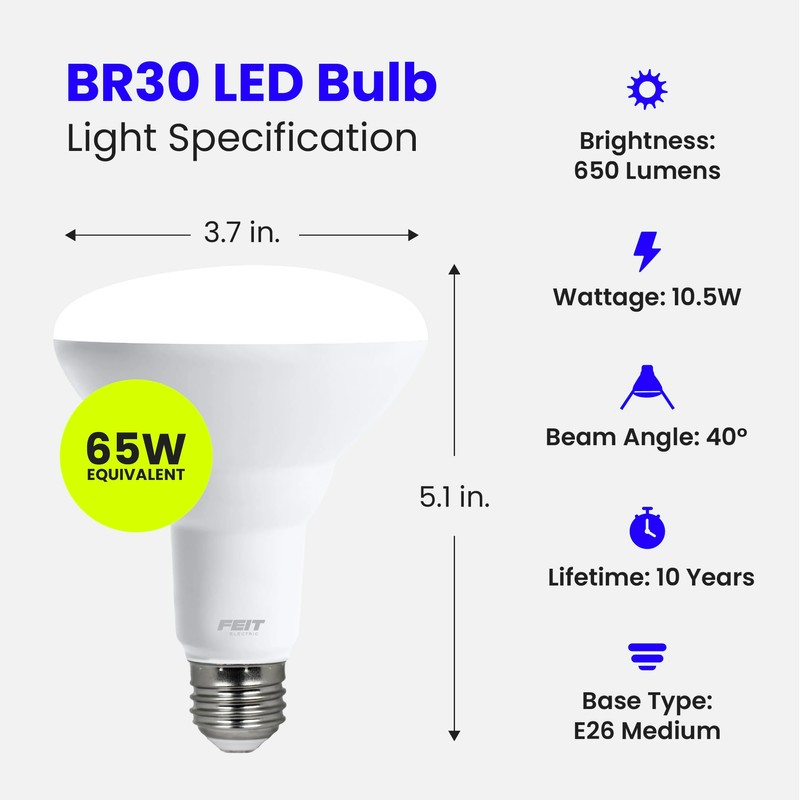 Feit Electric LED BR30 Light Bulbs, 65W Equivalent, Dimmable, 10