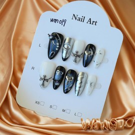 Handmade False Nails Almond Nails Glue Portable with 3D Pattern Cute Cool Style Kuromi Design Removable Artificial Glue Nails for Individual Nail Style