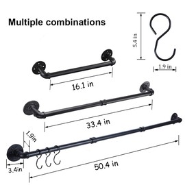 50.4 Inch Industrial Pipe Towel Bar Rack, Wall Mount Black Towel Rod with 3 Hooks, Bath Towel Rack Holder, Rustic Bathroom Hardware Towel Bar Accessory
