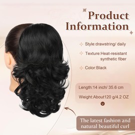 Flufymooz Ponytail Extension, 14 Inch Short Drawstring Ponytail Hair Extension for Women, Soft Synthetic Pony Tails Hairpiece for Women (Black)