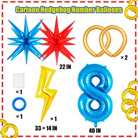 Cartoon Hedgehog Birthday Decorations, 8th Birthday Decorations for Boys, Red Blue Yellow Number Balloons with Boom Star and Lightning (Blue 8)