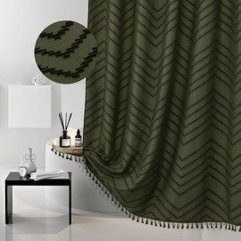 Siiluminisoy Extra Long Olive Green Boho Shower Curtain with Tassel, Woven Fabric 90 in Shower Curtain, Tufted Chevron Striped, 72 x 90, Modern Chic Textured Minimalist Bathroom Shower