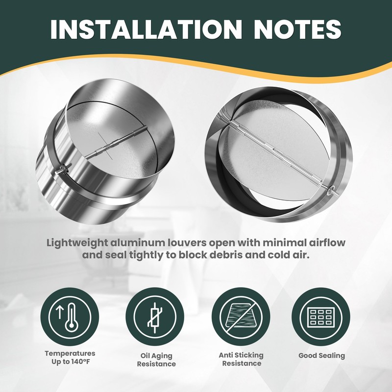 4" Backdraft Damper, One-Way Ducting Insert with Spring-Loaded Aluminum Flaps,