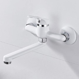 Kitchen Tap, Wall Tap with Long Spout, Wall Sink Tap, Kitchen Single Lever Mixer Tap, 360° Rotatable Chrome Stainless Steel & Brass Tap (White)