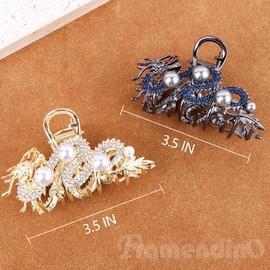 Framendino, 2 Pack Dragon Metal Claw Clips Large Metal Pearl Hair Claws Non-slip Barrettes Clamps for Women (Blue and Gold)