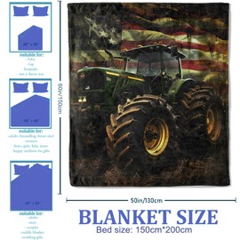 Plistiz Vintage American Flag Tractor Throw Blanket for Women Girls Boys, Soft Flannel Blankets Gifts for Living Room Couch, Home, Sofa Decor, 50"x60"