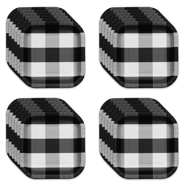 Havercamp Black & White Plaid 9 in. Plates (24 pcs.)! 24 Square, Heavy Duty, Paper Plates with Beautifully Printed Plaid Details. Coordinates with any Solids and the Classic Plaid Collection!