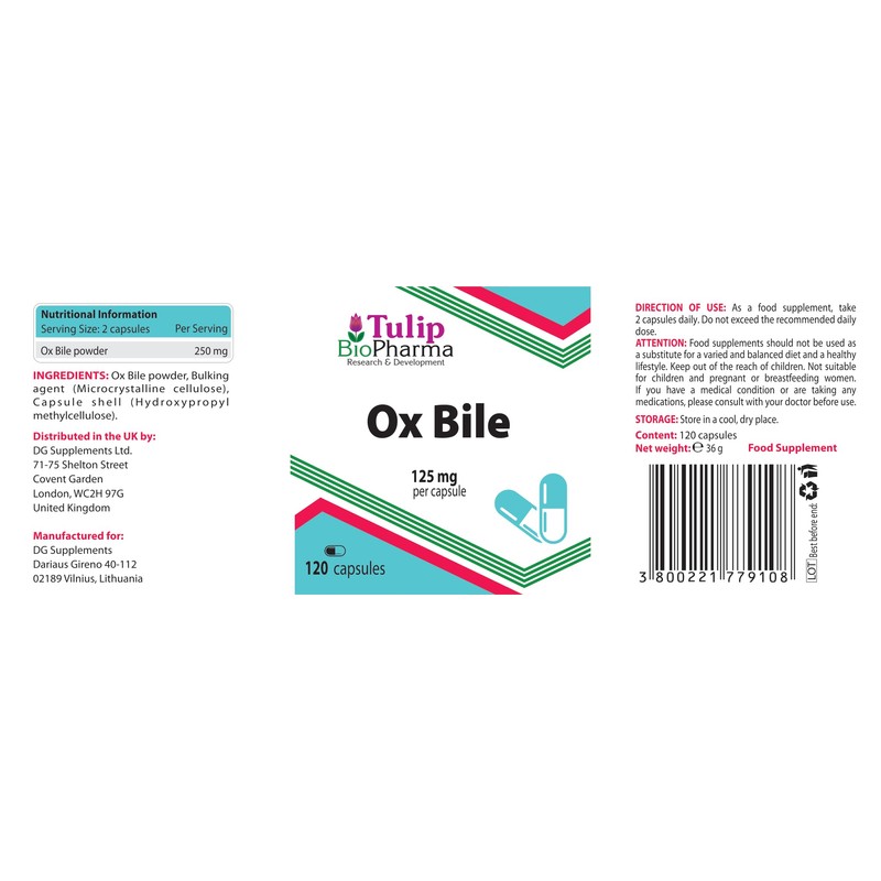 Ox Bile 125 mg 120 Capsules, 3rd Party Lab Tested,