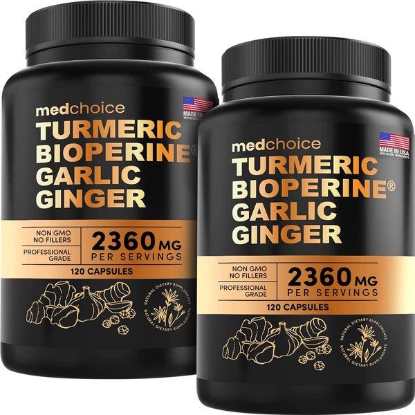 4-in-1 Turmeric and Garlic Supplements with Bioperine 2360 mg (240 ct) Turmeric Ginger Root Capsules with Garlic - Turmeric Curcumin with Black Pepper for Joint, Digestion & Immune Support (Pack of 2)