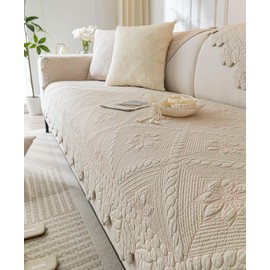 vctops Farmhouse 100% Cotton Quilted Couch Cover Floral Embroidered Sofa Cover Non-Slip Soft Sofa Slipcover Washable Furniture Protector (Khaki,28"x28")