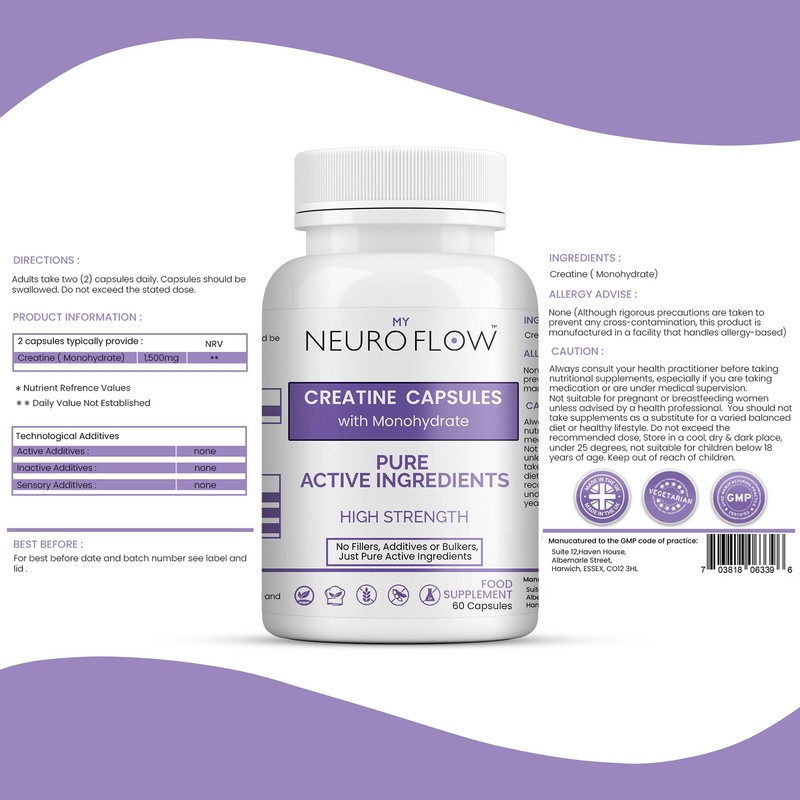 Creatine Monohydrate Capsules | No fillers, Additives or Bulkers, Pure