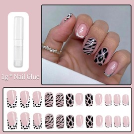 French Tip False Nails - 12 Sizes Short Square Press on Nails - Leopard Print Stick on Nails - 24pcs Pink Fake Nails with Glue - Full Cover Summer Acrylic Nails Stick on Nails for Women Girls