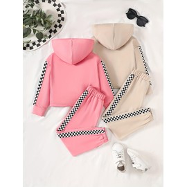 Jolyshlid 4 Pieces Girls Active Hoodies Long Sleeve Crop Hooded Top and Jogging Sweat Pants Set 11-12Y