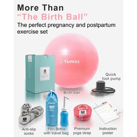Tumaz Birthing Ball for Pregnancy & Labor - Including Birthing Ball/Peri Bottle/Yoga Strap/Non-Slip Socks for Exercises Set with Quick Foot Pump & Instruction Poster