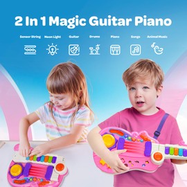 Toddler Guitar Toy for 2-5 Year Olds, 2-in-1 Kids Electric Guitar & Piano Musical Instrument with Adjustable Strap and Neon Lights, Birthday for Boys Girls
