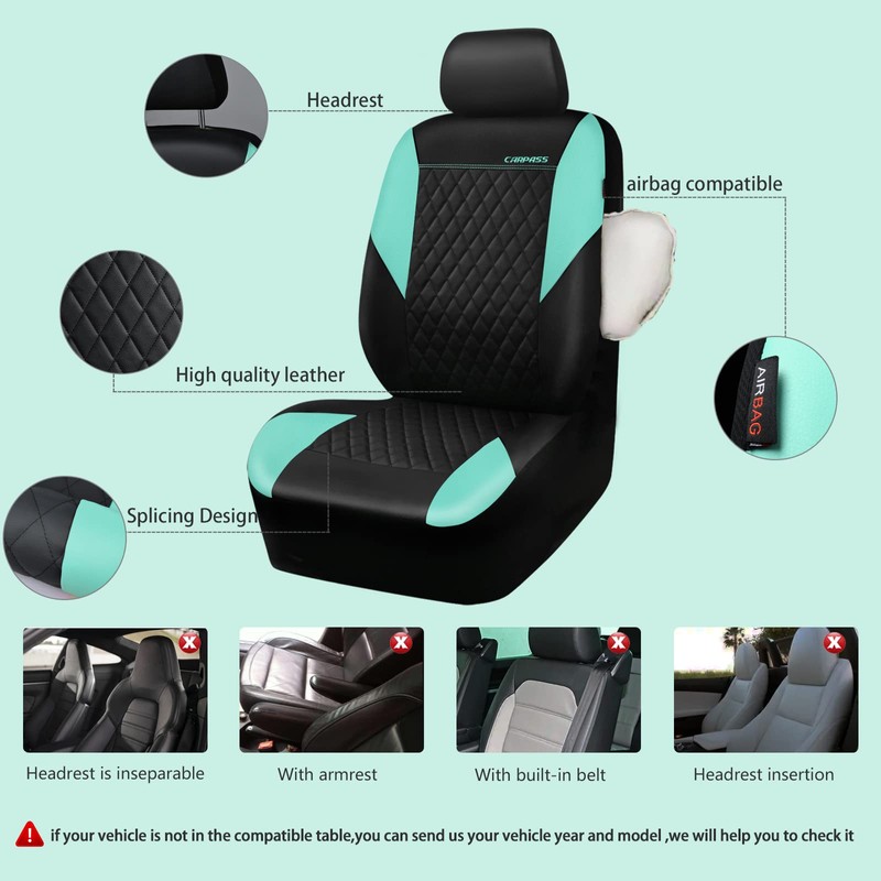 CAR PASS Mint Leather Seat Covers Full Set-Universal Quilting Cute
