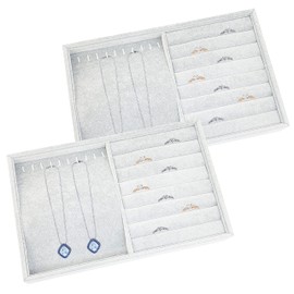 2 x Velvet Jewellery Display Organiser Trays, Beauties Factory Necklace Rings Earrings Storage Holder Box (Grey)