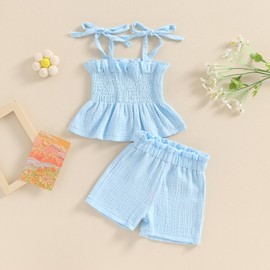 Geagodelia Toddler Baby Girl Linen Clothes Sleeveless Ruffle Spaghetti Strap Tank Tops+Stretchy Shorts Summer Solid Smoking Outfits (Blue, 18-24 Months)