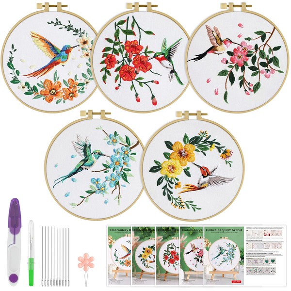 ERKOON ERKOON 5 Sets Embroidery Kit for Beginners,Hummingbird and Flower