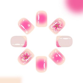 24 Pcs French Press on Nails Short Square Fake Nails Water Droplet False Nails Glossy Designs Pink Gradient Acrylic Nails Reusable Flower Stick on Nails for Women DIY Manicure Decorations 24 Pcs