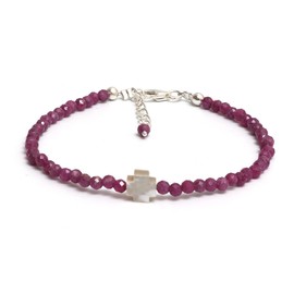 GemInspire Natural Ruby Beaded Bracelet, Pearl Cross Bracelet, Faith Hope Love Bracelets, Party Wear, July Birthstone,Gift for Mom, 6.5+1 Inch 925 Silver Adjustable Chain (Ruby)