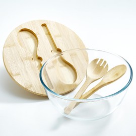 JOYMAY Large Glass Salad Bowl with Bamboo Lid and Servers, Kitchen Salad Bowl Set, 10.5 Inch Round Serving Bowl for Salads, Kitchen Eating, Pastas, Popcorn, Chips, Fruits, Food Prepare. (4.23 Quart)