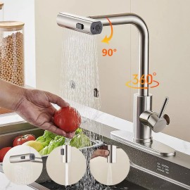 MDHAND Kitchen Sink Faucet Pull-Out 3 Modes Rotation Hot&Cold Mixer Tap Single Handle - A-Silver