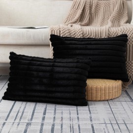 ZLINA Set of 2 Black Faux Fur Decorative Throw Pillow Covers Fluffy Striped Pillowcase Cushion Covers 12 x 20 Inch Decor Sofa Couch Bedroom