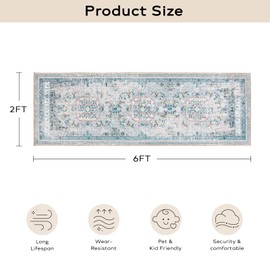 Ashler Boho Runner Rugs, Area Rugs 2x6 Vintage Rug for Entryway, Hallways Entry Rug, Indoor Area Rug for Livingroom, Bedroom, Porch, Floor, Machine Washable Carpet, Non-Slip Backing, Blue/Light Pink